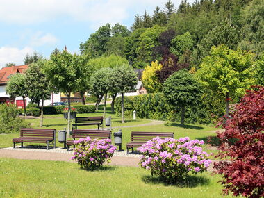 Kurzone mit Bänken und blühenden Sträuchern in Finsterbergen