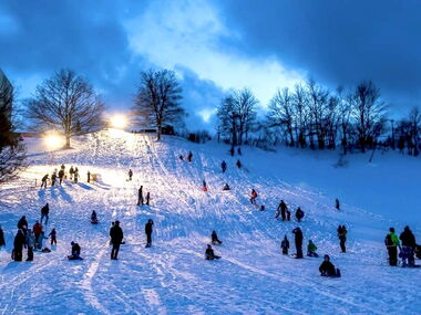 Schlittenfahren am Rodelhang Bornwiese in Finsterbergen im Thüringer Wald